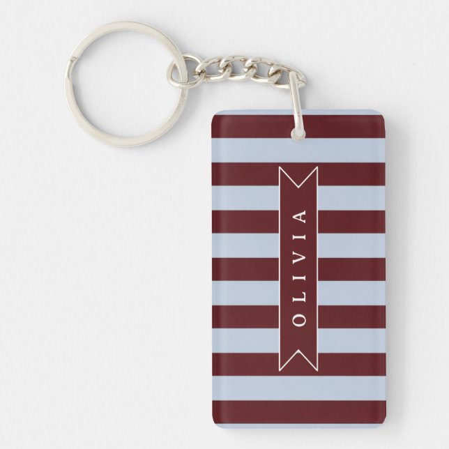 Personalized Preppy Brown Blue Cabana Stripe Keychain (Front)