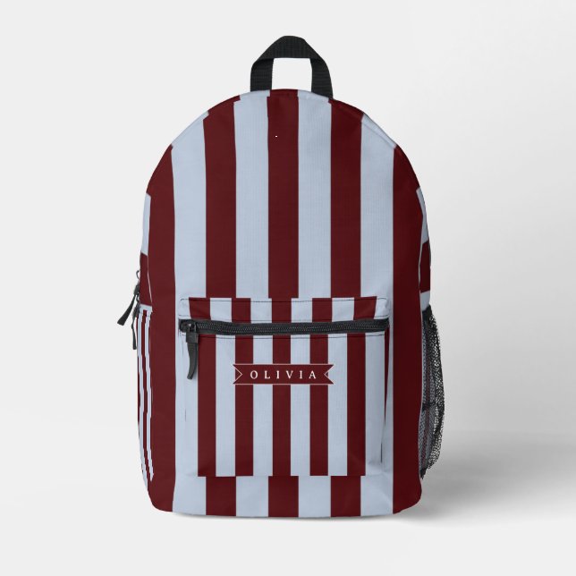 Personalized Preppy Brown Blue Cabana Stripe Printed Backpack (Front)