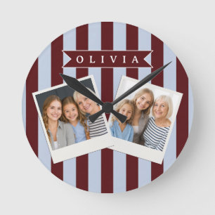 Personalized Preppy Brown Blue Cabana Stripe Round Clock