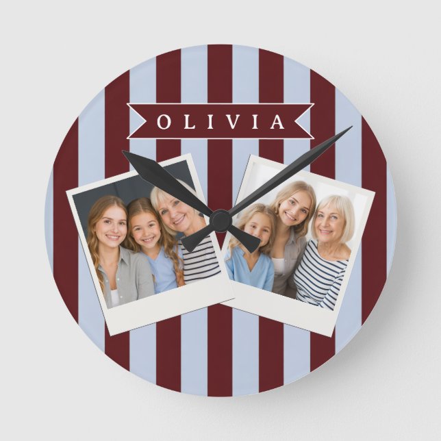 Personalized Preppy Brown Blue Cabana Stripe Round Clock (Front)