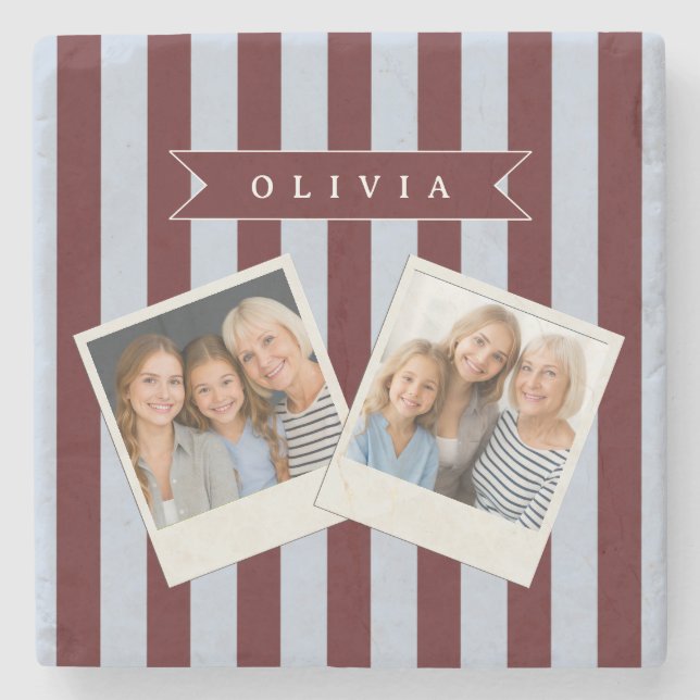 Personalized Preppy Brown Blue Cabana Stripe Stone Coaster (Front)