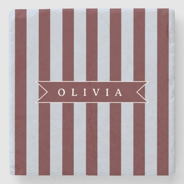 Personalized Preppy Brown Blue Cabana Stripe Stone Coaster (Front)