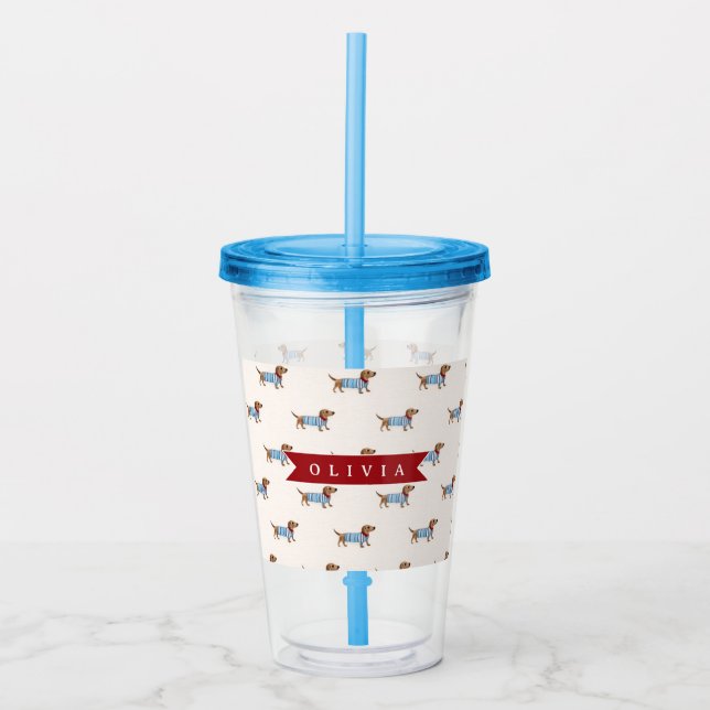 Personalized Preppy Cute Dachshund Dog Pattern Acrylic Tumbler (Front)