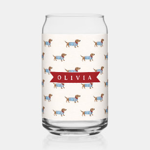 Personalized Preppy Cute Dachshund Dog Pattern Can Glass