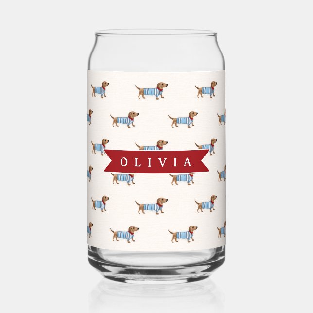 Personalized Preppy Cute Dachshund Dog Pattern Can Glass (Front)