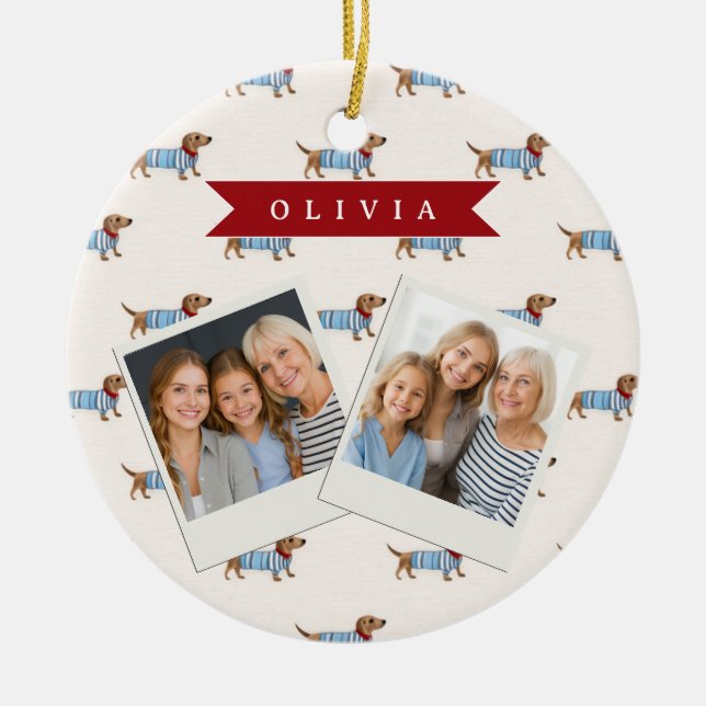 Personalized Preppy Cute Dachshund Dog Pattern Ceramic Ornament (Front)