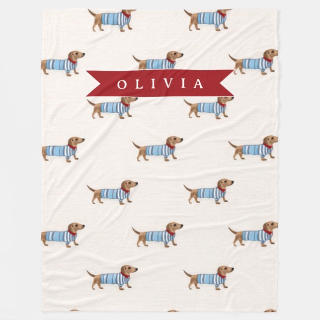 Personalized Preppy Cute Dachshund Dog Pattern Fleece Blanket (Front)