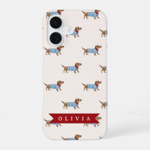 Personalized Preppy Cute Dachshund Dog Pattern iPhone 16 Case