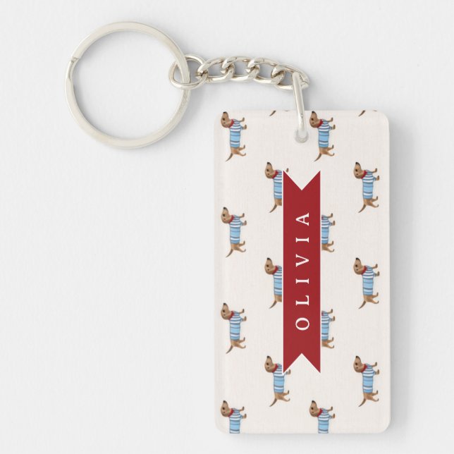 Personalized Preppy Cute Dachshund Dog Pattern Keychain (Front)