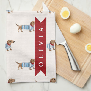 Personalized Preppy Cute Dachshund Dog Pattern Kitchen Towel