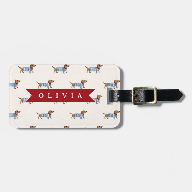 Personalized Preppy Cute Dachshund Dog Pattern Luggage Tag (Front Horizontal)