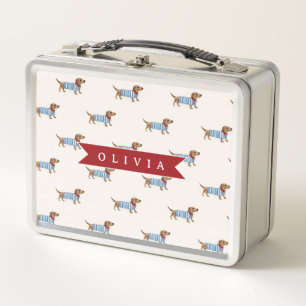 Personalized Preppy Cute Dachshund Dog Pattern Metal Lunch Box