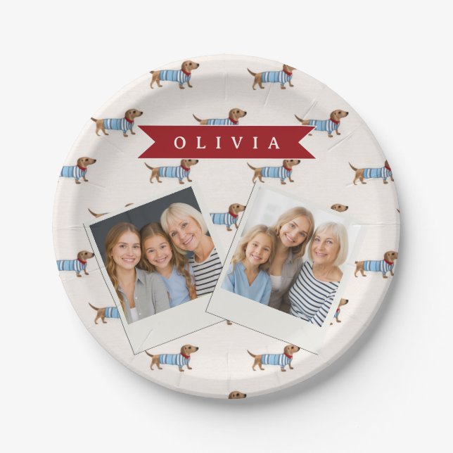 Personalized Preppy Cute Dachshund Dog Pattern Paper Plate (Front)