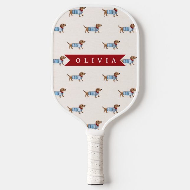 Personalized Preppy Cute Dachshund Dog Pattern Pickleball Paddle (Front)