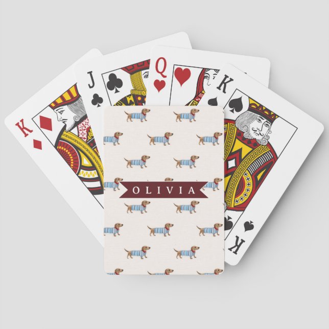 Personalized Preppy Cute Dachshund Dog Pattern Playing Cards (Back)