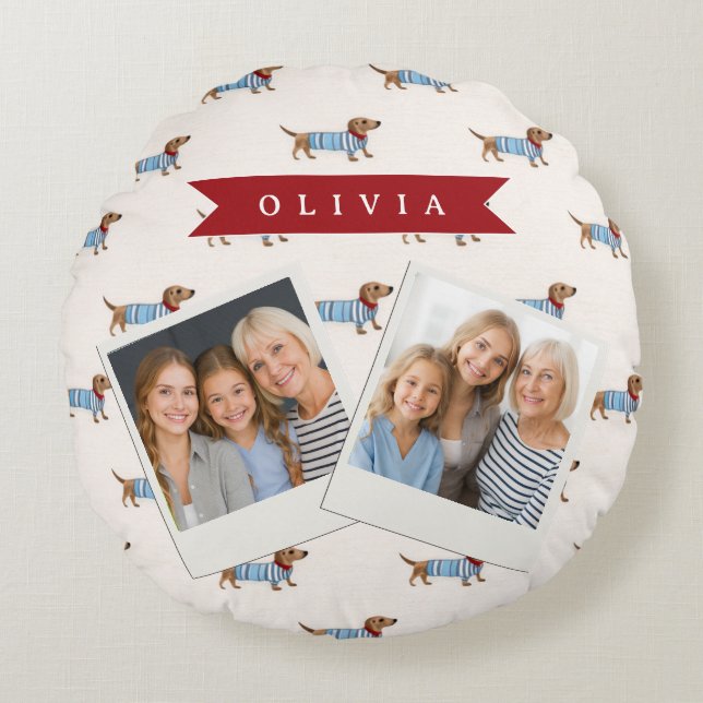 Personalized Preppy Cute Dachshund Dog Pattern Round Pillow (Front)