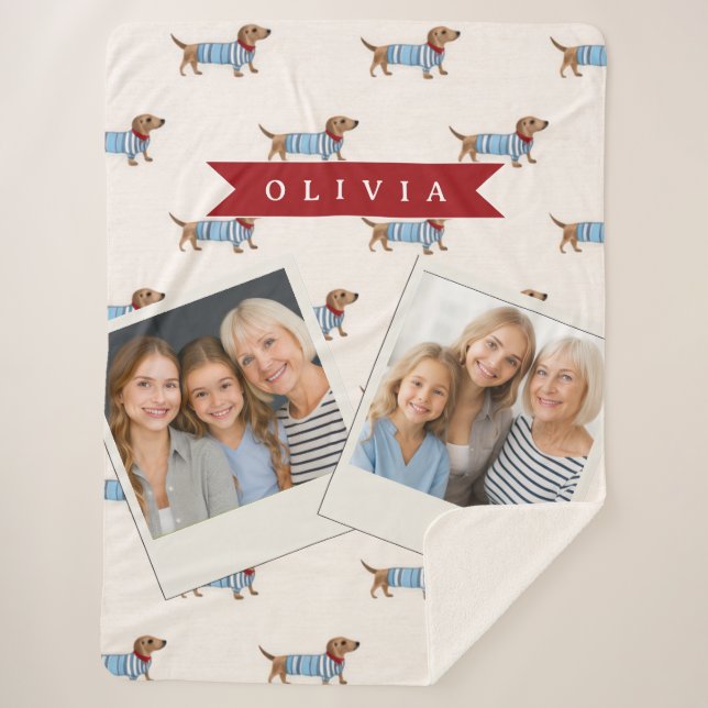 Personalized Preppy Cute Dachshund Dog Pattern Sherpa Blanket (Front)