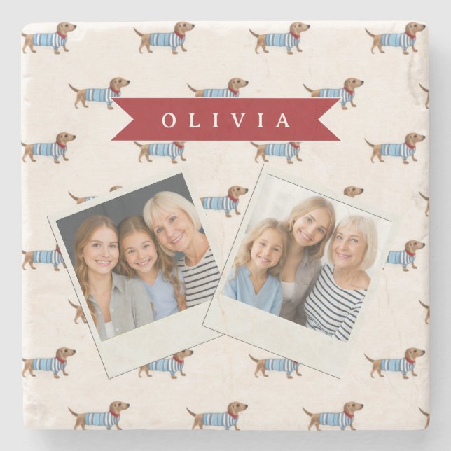 Personalized Preppy Cute Dachshund Dog Pattern Stone Coaster (Front)
