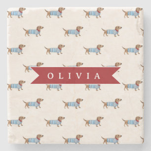 Personalized Preppy Cute Dachshund Dog Pattern Stone Coaster