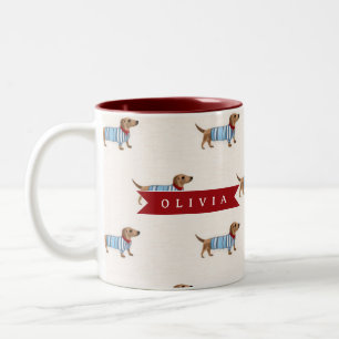 Personalized Preppy Cute Dachshund Dog Pattern Two-Tone Coffee Mug