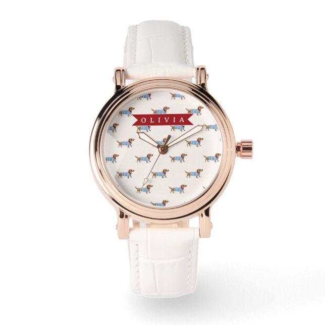 Personalized Preppy Cute Dachshund Dog Pattern Watch (Front)