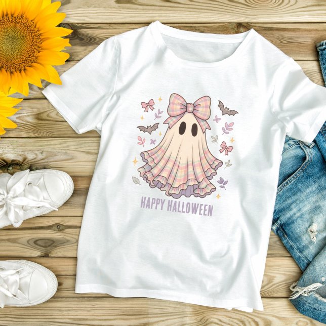 Personalized Preppy Ghost Bow Coquette Halloween  T-Shirt (Pastel Plaid Preppy Ghost Coquette Bow Halloween T-shirt for her)