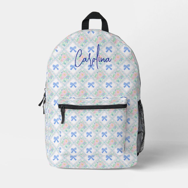 Personalized preppy grandmillennial floral bows printed backpack (Front)