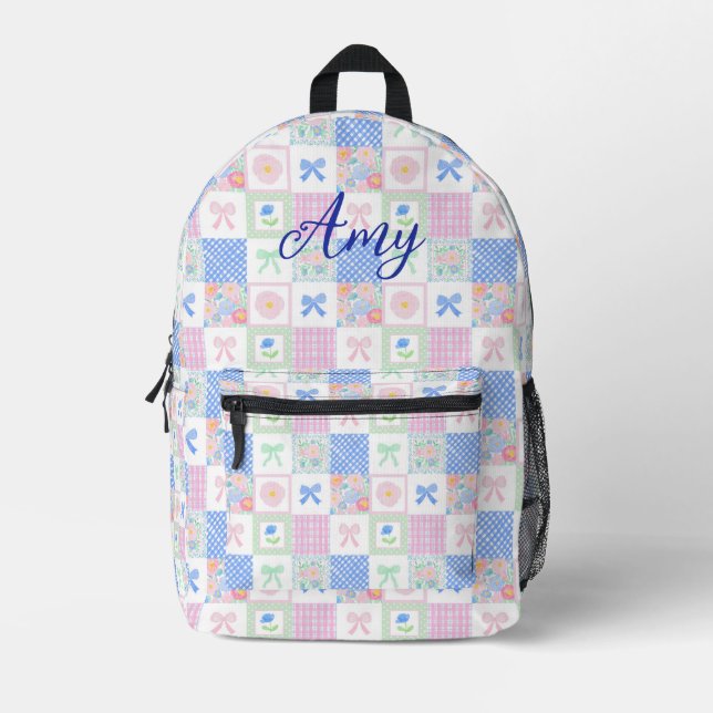 Personalized preppy grandmillennial floral bows printed backpack (Front)