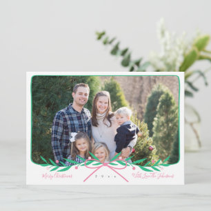 Personalized Preppy Holiday Wreath with Pink Bow Card