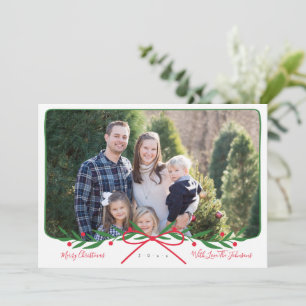 Personalized Preppy Holiday Wreath with Red Bow Card