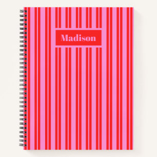 Personalized Preppy Hot Pink and Red Stripes Notebook