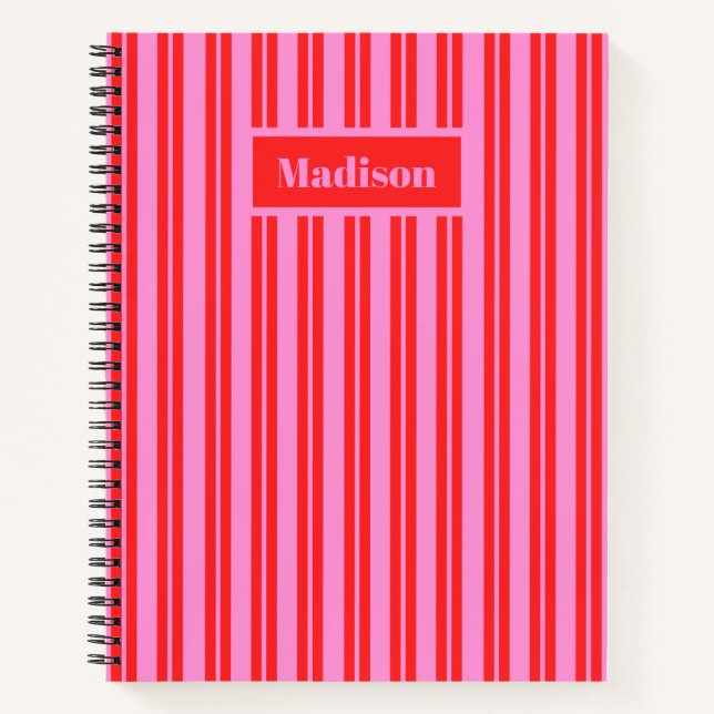 Personalized Preppy Hot Pink and Red Stripes Notebook (Front)