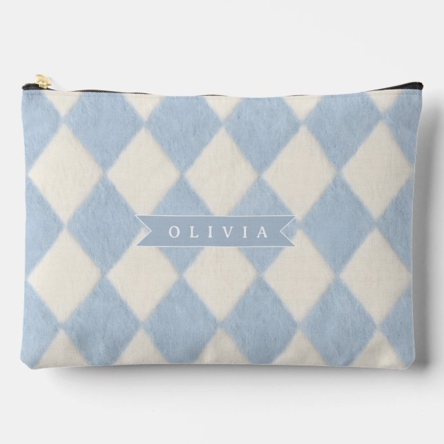 Personalized Preppy Soft Blue Fuzzy Argyle Name Accessory Pouch (Front)