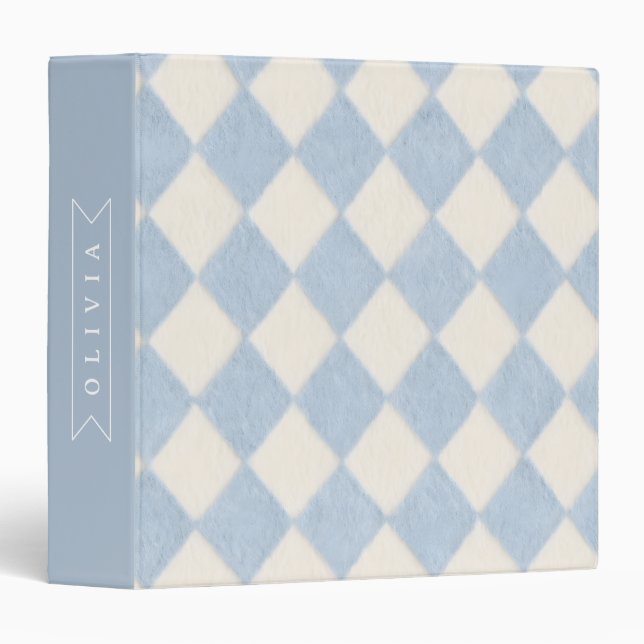 Personalized Preppy Soft Blue Fuzzy Argyle Name Binder (Front/Spine)