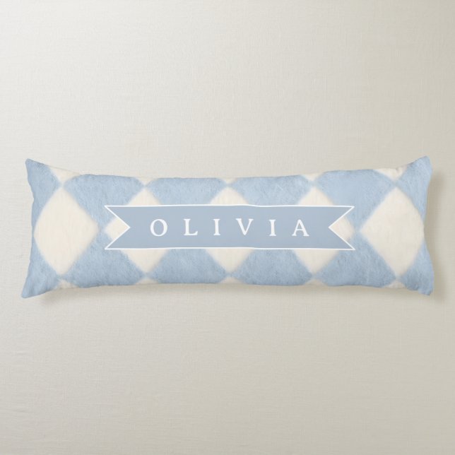 Personalized Preppy Soft Blue Fuzzy Argyle Name Body Pillow (Front)