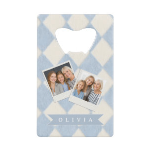 Personalized Preppy Soft Blue Fuzzy Argyle Name Credit Card Bottle Opener