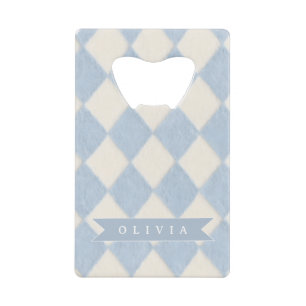 Personalized Preppy Soft Blue Fuzzy Argyle Name Credit Card Bottle Opener
