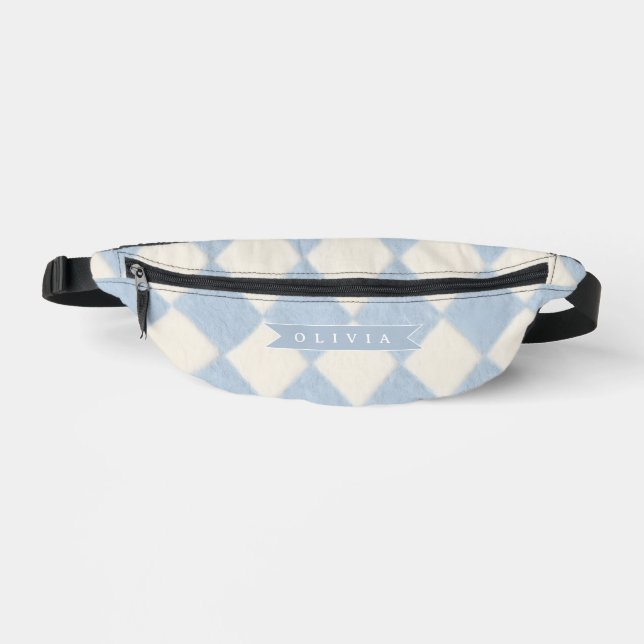 Personalized Preppy Soft Blue Fuzzy Argyle Name Fanny Pack (Front)