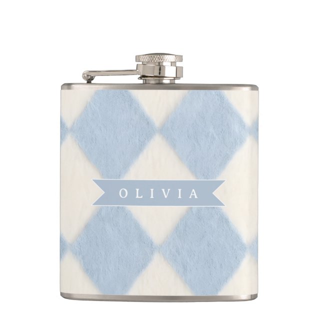 Personalized Preppy Soft Blue Fuzzy Argyle Name Hip Flask (Front)