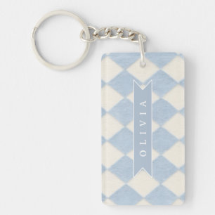 Personalized Preppy Soft Blue Fuzzy Argyle Name Keychain