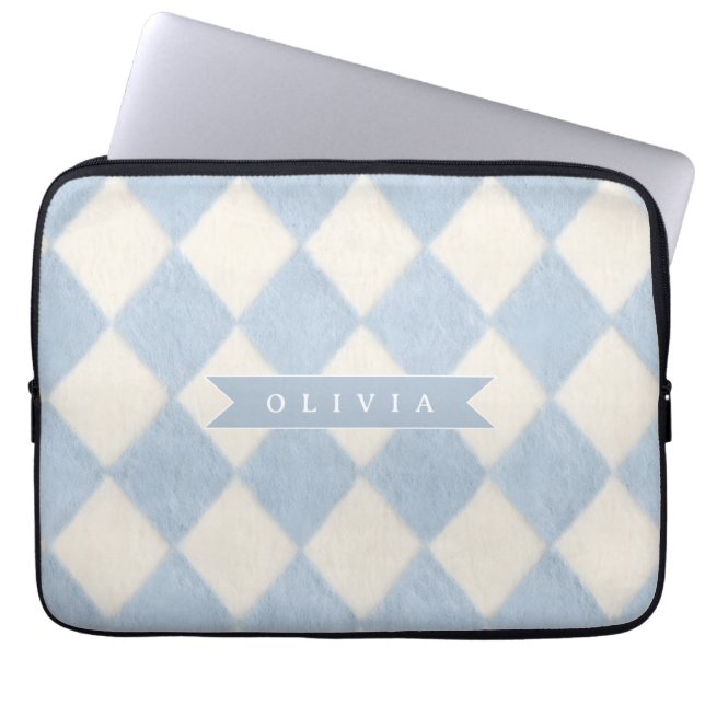 Personalized Preppy Soft Blue Fuzzy Argyle Name Laptop Sleeve (Front)