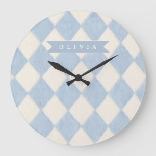 Personalized Preppy Soft Blue Fuzzy Argyle Name Large Clock