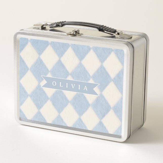 Personalized Preppy Soft Blue Fuzzy Argyle Name Metal Lunch Box (Front)