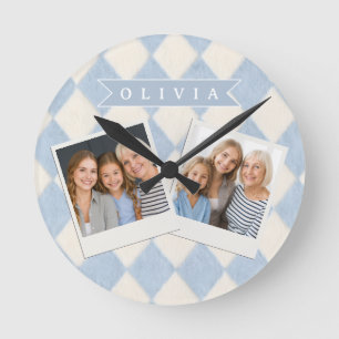 Personalized Preppy Soft Blue Fuzzy Argyle Name Round Clock