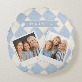 Personalized Preppy Soft Blue Fuzzy Argyle Name Round Pillow