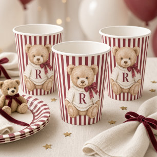 Personalized Preppy Teddy Bear Burgundy Paper Cups