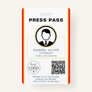 Personalized Press Pass with Photo ID & QR Code Badge