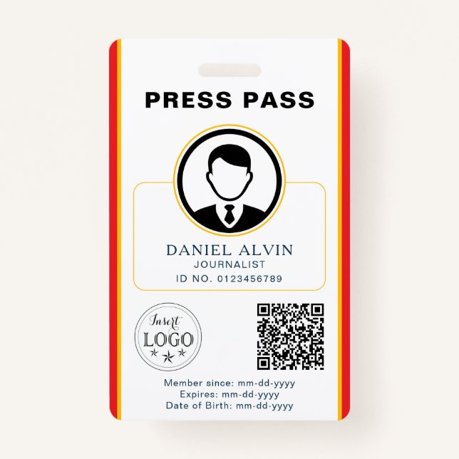 Personalized Press Pass with Photo ID & QR Code Badge (Front)