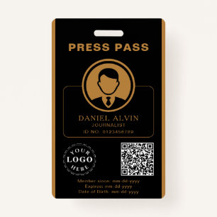 Personalized Press Pass with Photo ID & QR Code Badge
