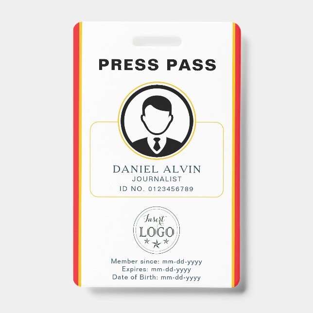 Personalized Press Pass with Photo ID & QR Code Badge (Front)